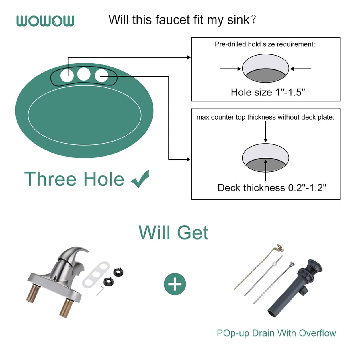 WOWOW 4 in. Centerset Single-Handle Low Arc Bathroom Faucet with Drain Kit Included