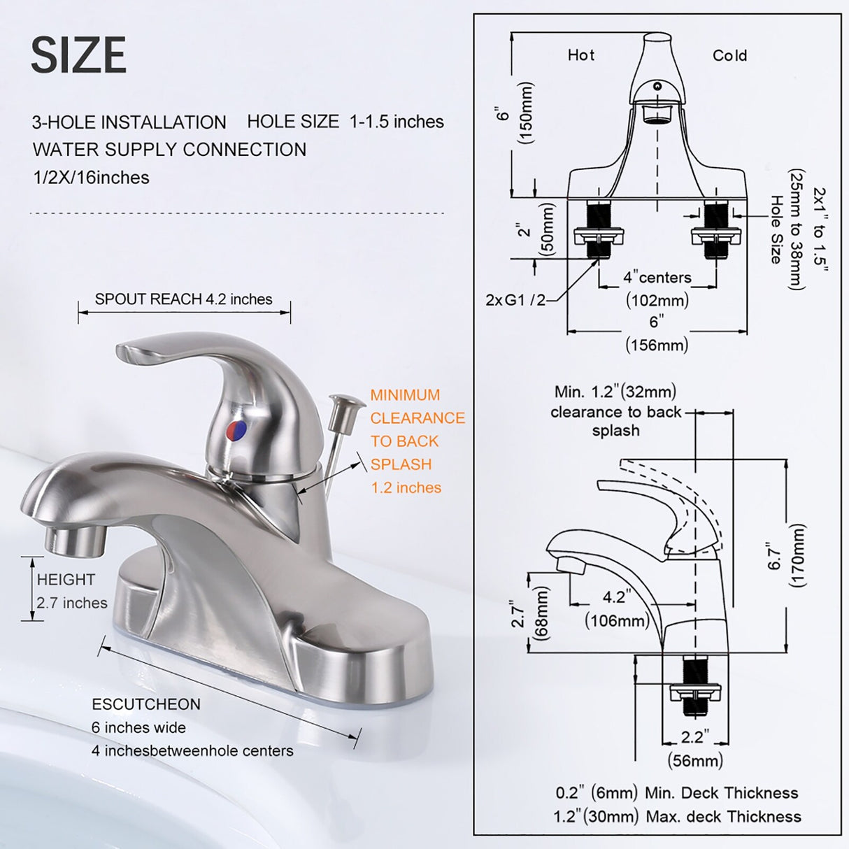 WOWOW 4 in. Centerset Single-Handle Low Arc Bathroom Faucet with Drain Kit Included