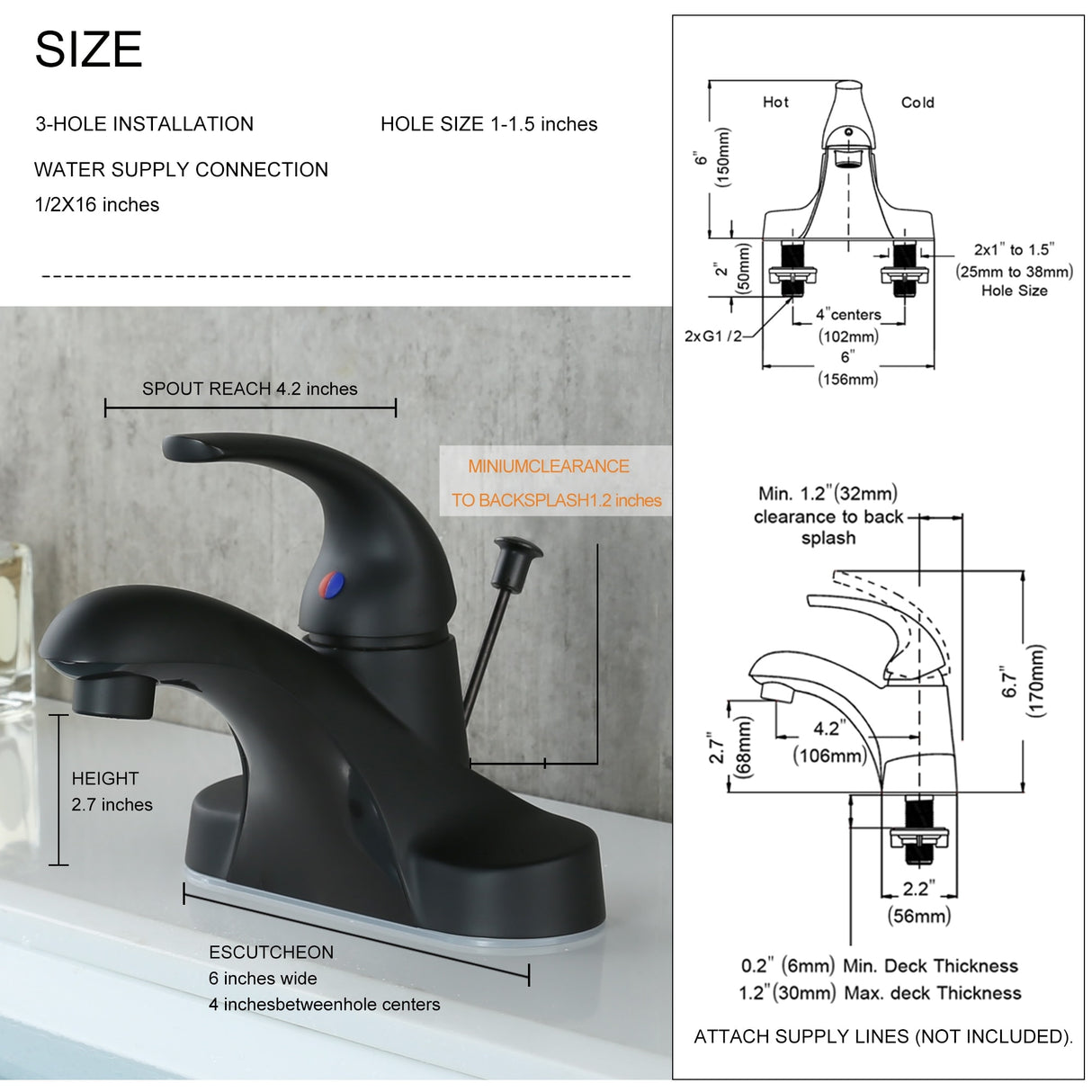WOWOW 4 in. Centerset Single-Handle Low Arc Bathroom Faucet with Drain Kit Included
