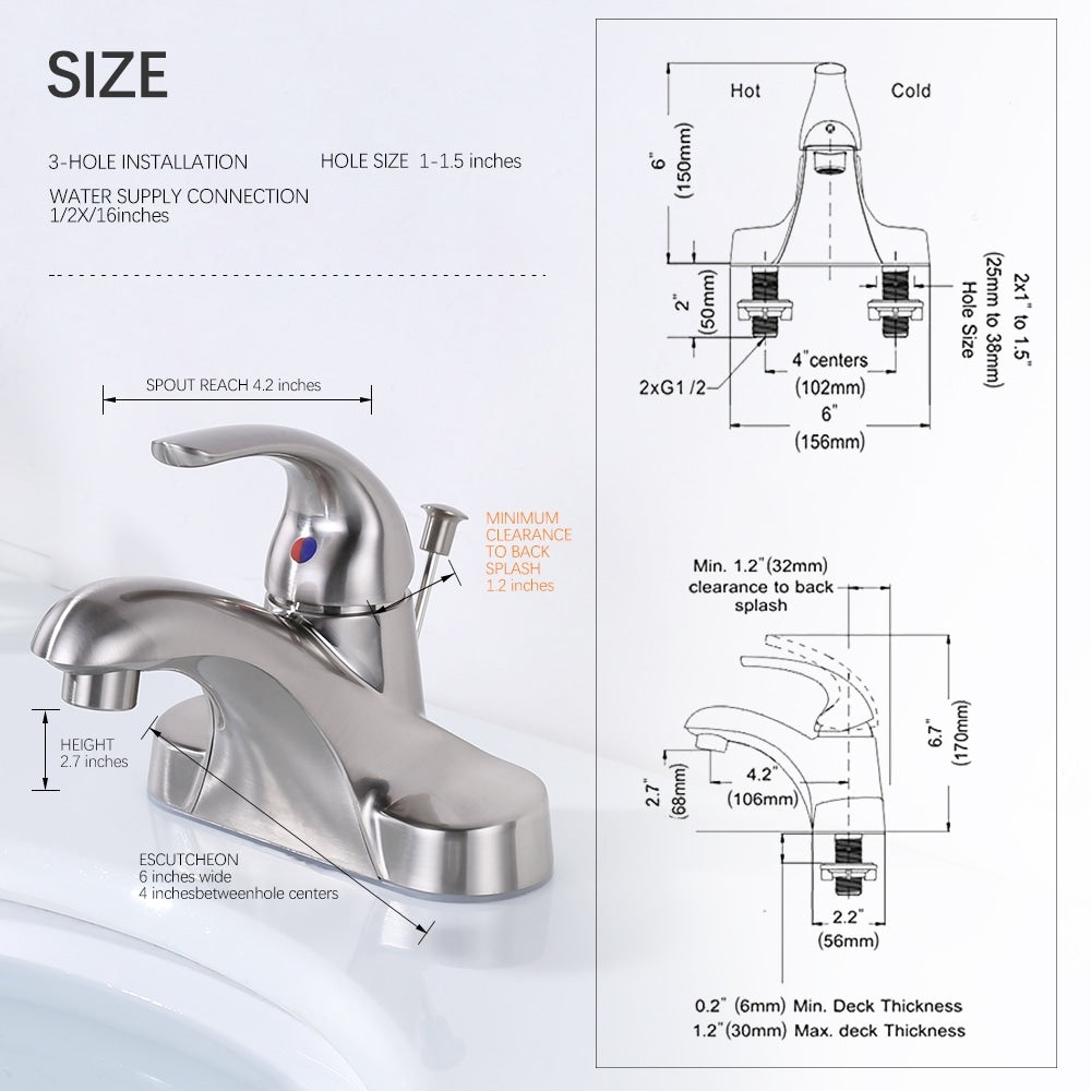 WOWOW 4 in. Centerset Single-Handle Low Arc Bathroom Faucet with Drain Kit Included