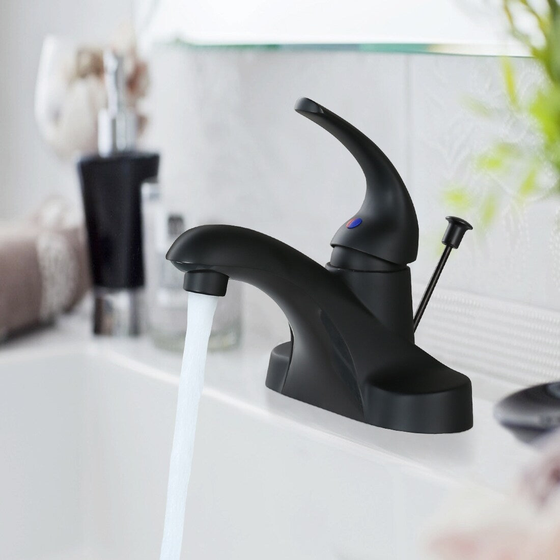 WOWOW 4 in. Centerset Single-Handle Low Arc Bathroom Faucet with Drain Kit Included