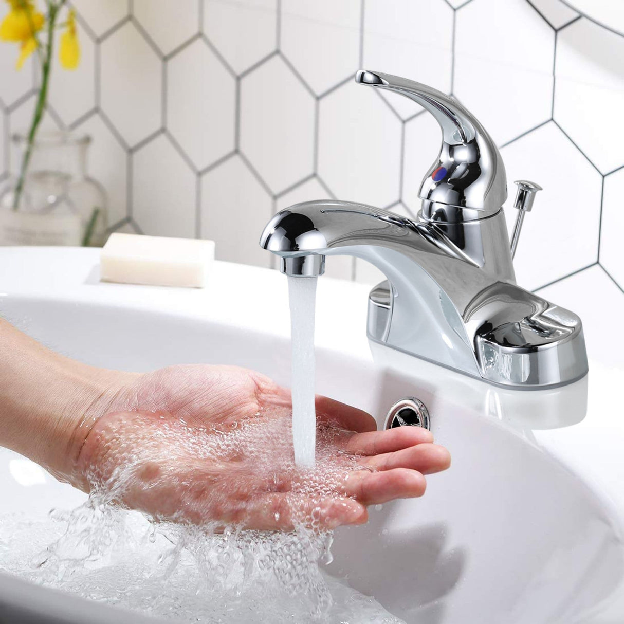 WOWOW 4 in. Centerset Single-Handle Low Arc Bathroom Faucet with Drain Kit Included