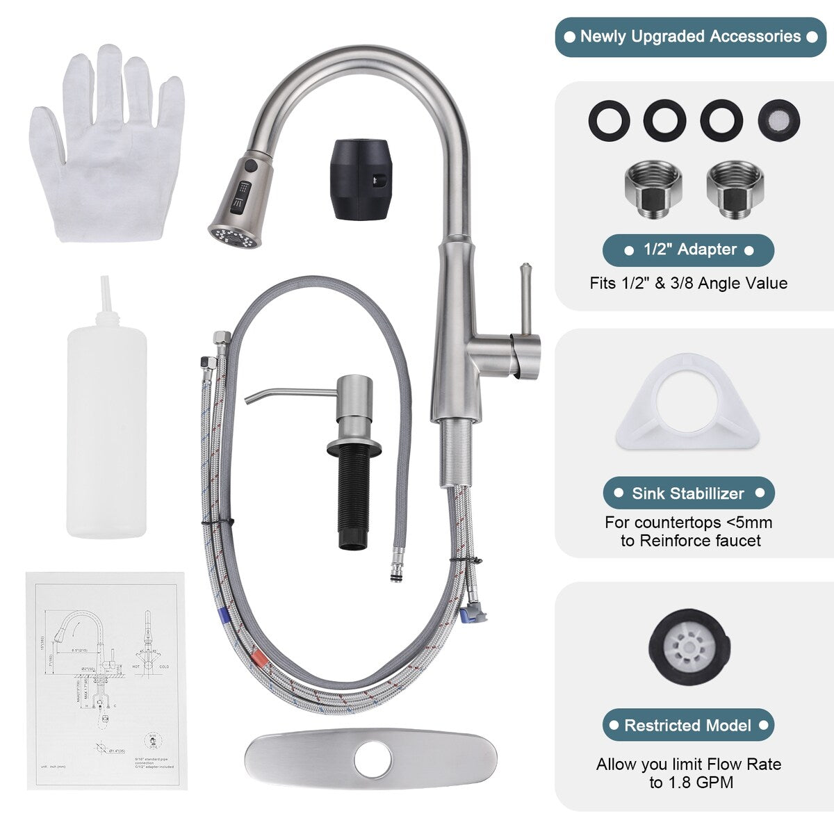 WOWOW Pull Down Sprayer Kitchen Faucet with Soap Dispenser
