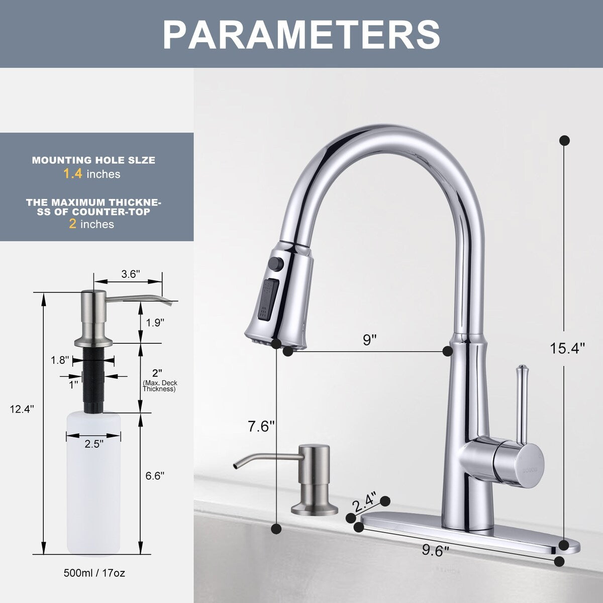 WOWOW Pull Down Sprayer Kitchen Faucet with Soap Dispenser