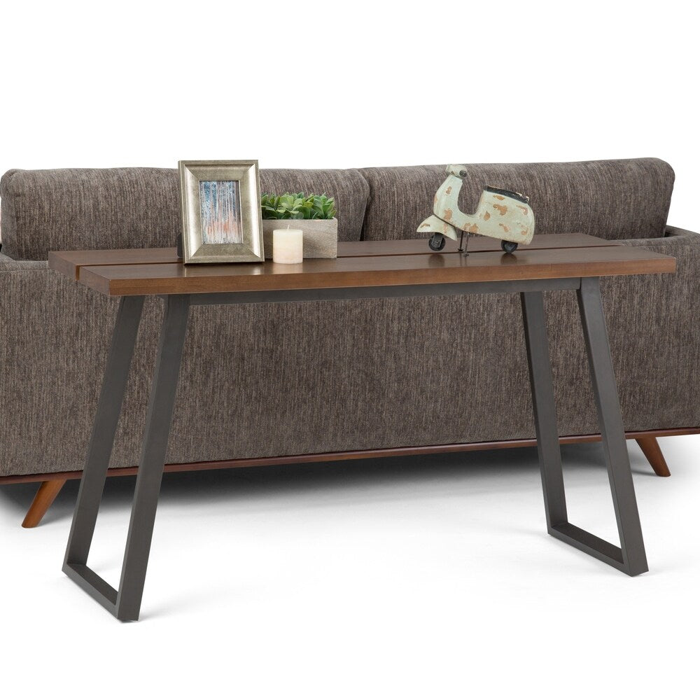 WYNDENHALL Tyson Solid Wood and Metal 54 inch Wide Modern Industrial Console Sofa Table in Light Walnut Brown