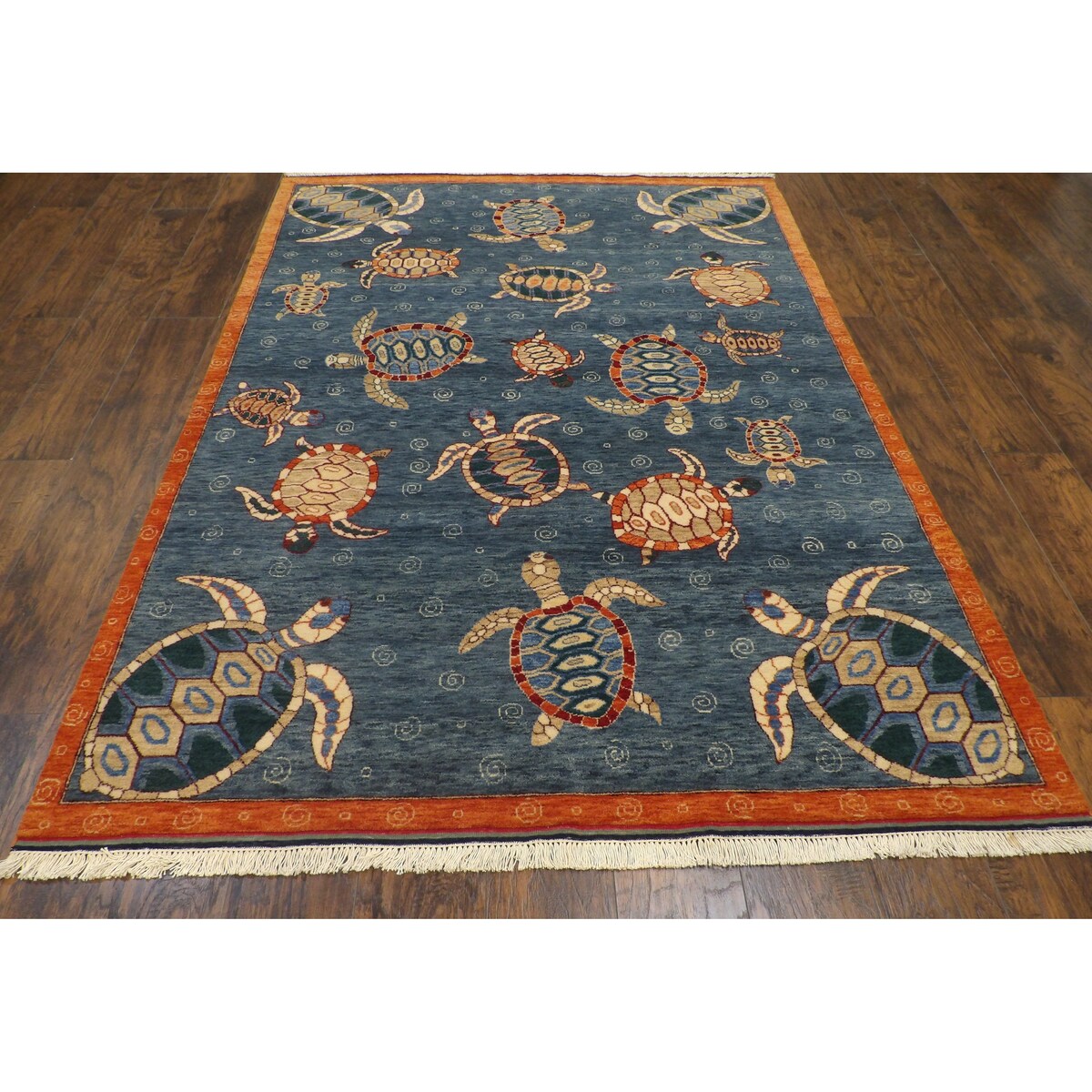 Wahi Rugs Hand Knotted Natural Coastal Turtle Design 5'0"x8'0"