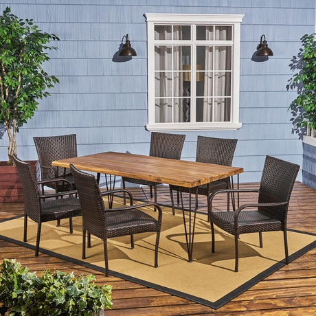 Walker Outdoor 6-Seater Acacia Wood Dining Set with Stacking Chairs by Christopher Knight Home