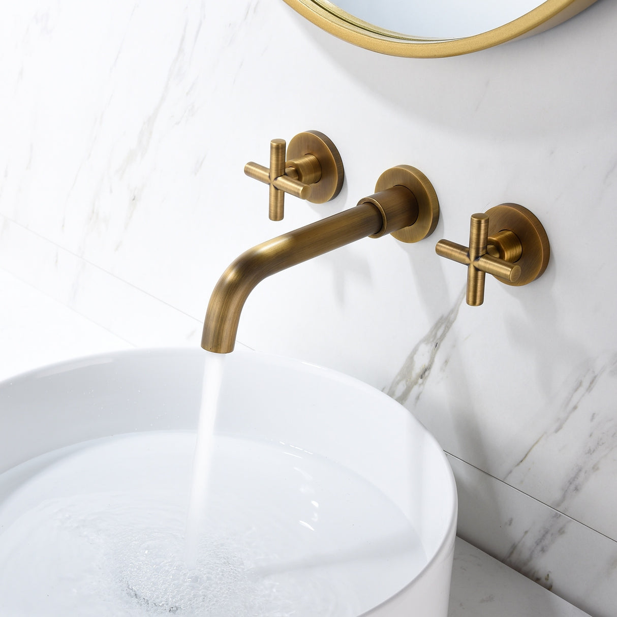 Wall Mount Bathroom Sink Faucet Double Handle Bathroom Faucet Copper Three Hole Bathroom Basin Vanity Faucet