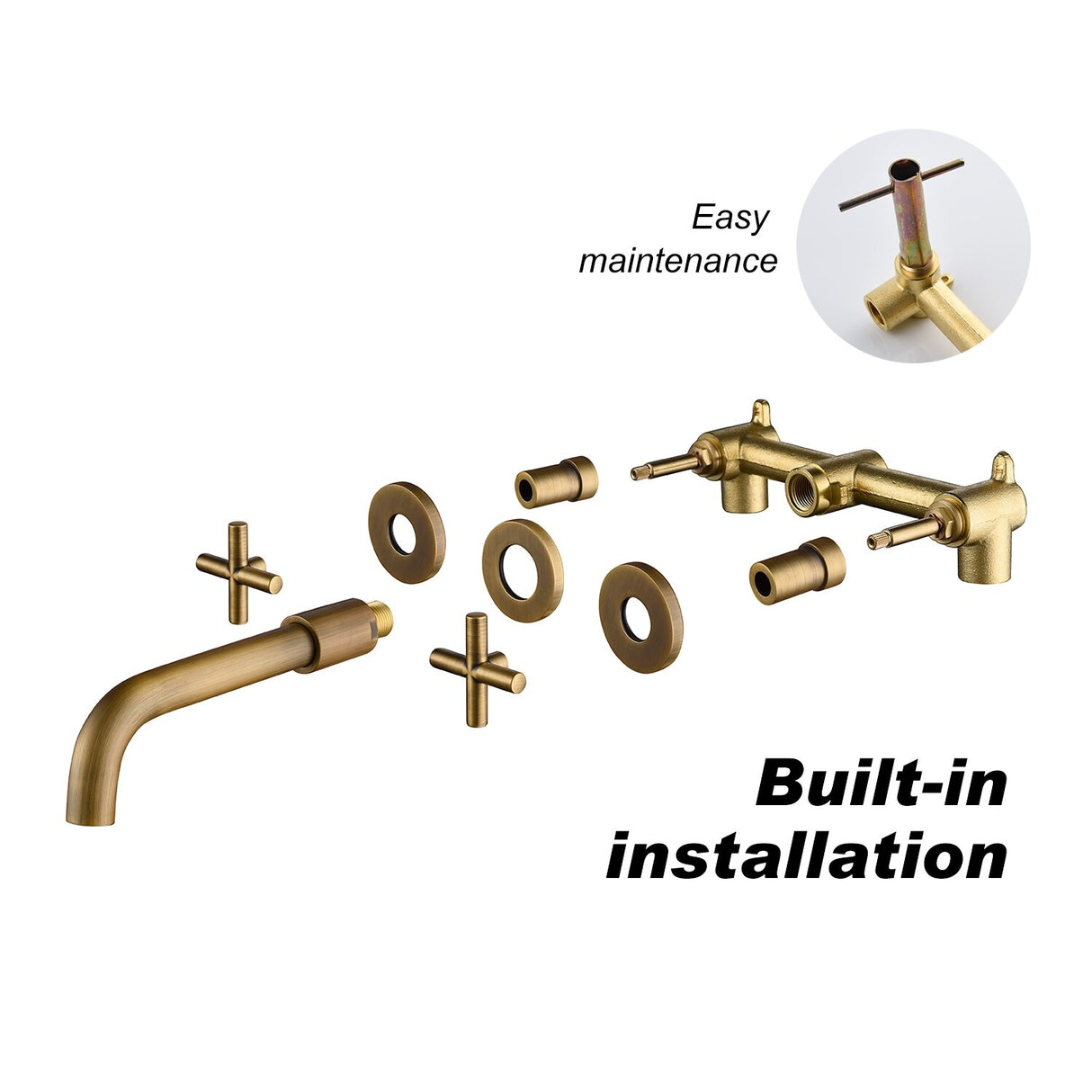 Wall Mount Bathroom Sink Faucet Double Handle Bathroom Faucet Copper Three Hole Bathroom Basin Vanity Faucet