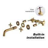 Wall Mount Bathroom Sink Faucet Double Handle Bathroom Faucet Copper Three Hole Bathroom Basin Vanity Faucet