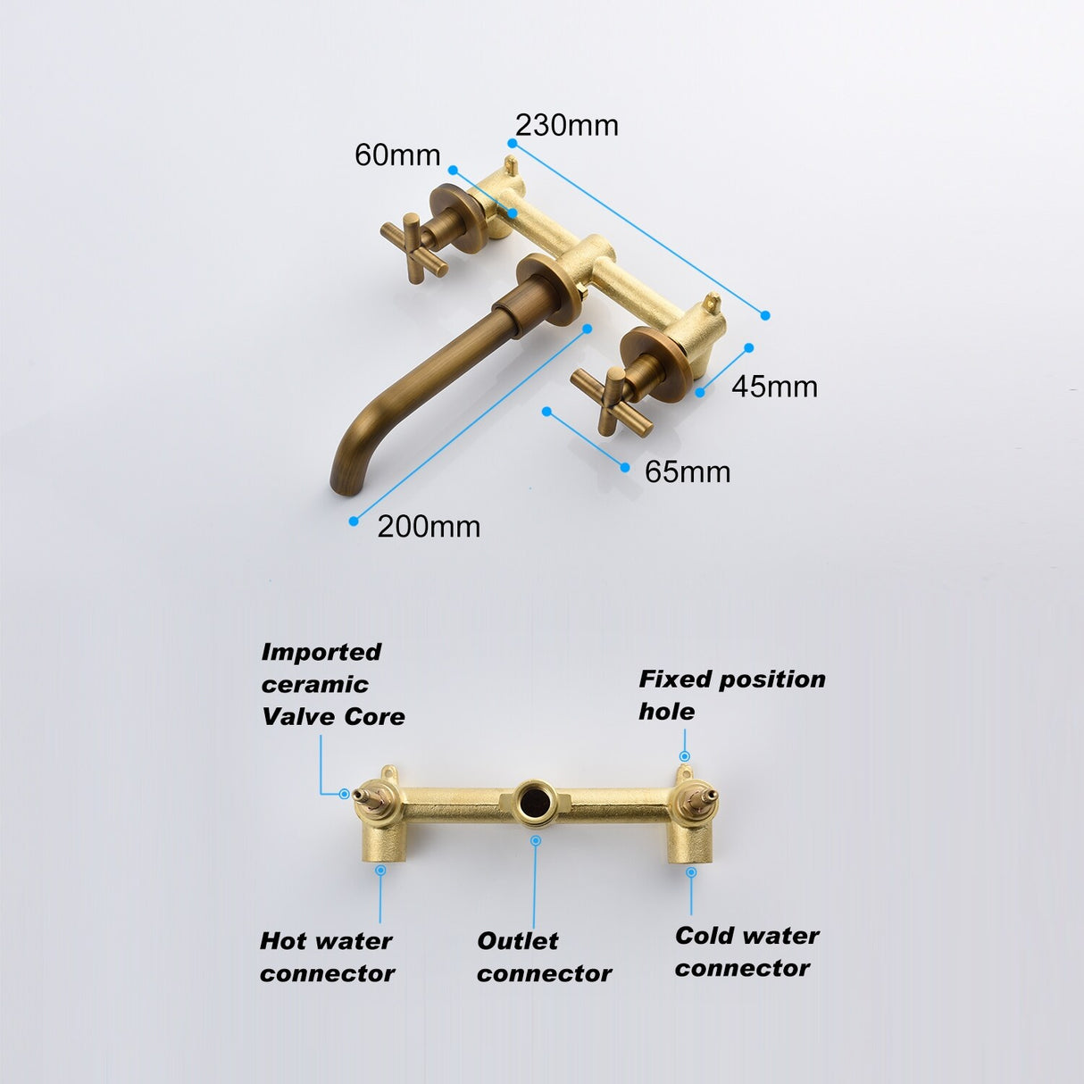 Wall Mount Bathroom Sink Faucet Double Handle Bathroom Faucet Copper Three Hole Bathroom Basin Vanity Faucet