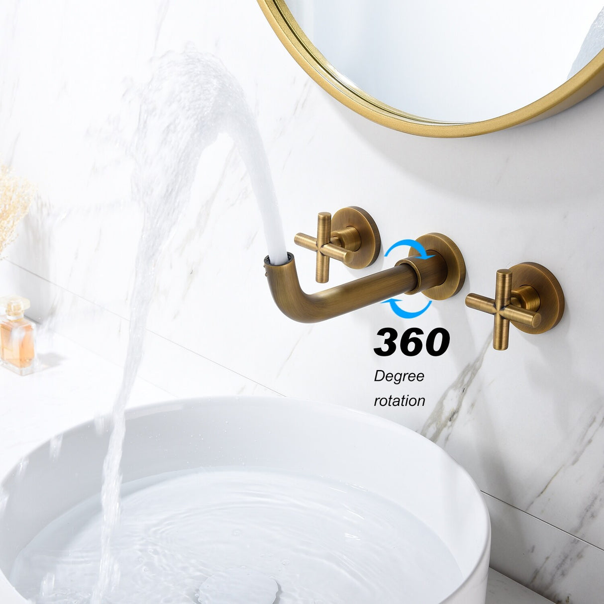 Wall Mount Bathroom Sink Faucet Double Handle Bathroom Faucet Copper Three Hole Bathroom Basin Vanity Faucet