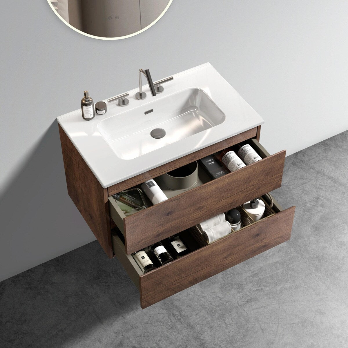Wall-Mount Bathroom Vanity with Ceramic Sink - Three Faucet Holes