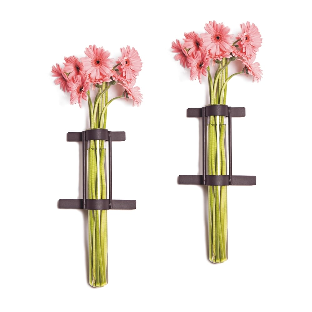 Wall Mount Cylinder Glass Vases with Rustic Rings Metal Stand (Set of 2)