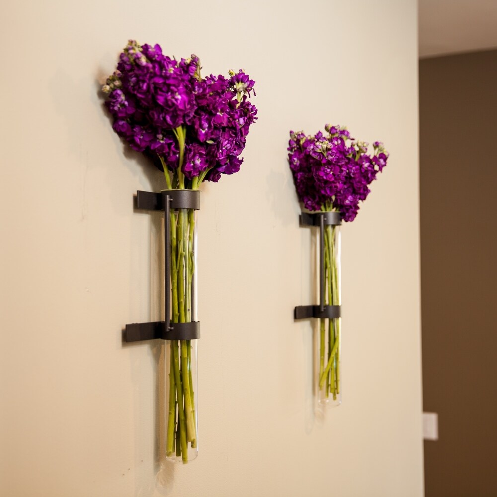 Wall Mount Cylinder Glass Vases with Rustic Rings Metal Stand (Set of 2)