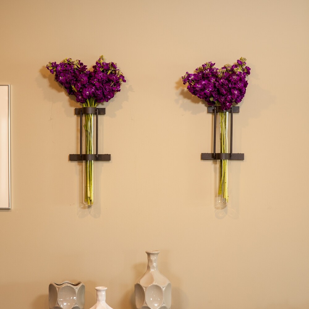 Wall Mount Cylinder Glass Vases with Rustic Rings Metal Stand (Set of 2)