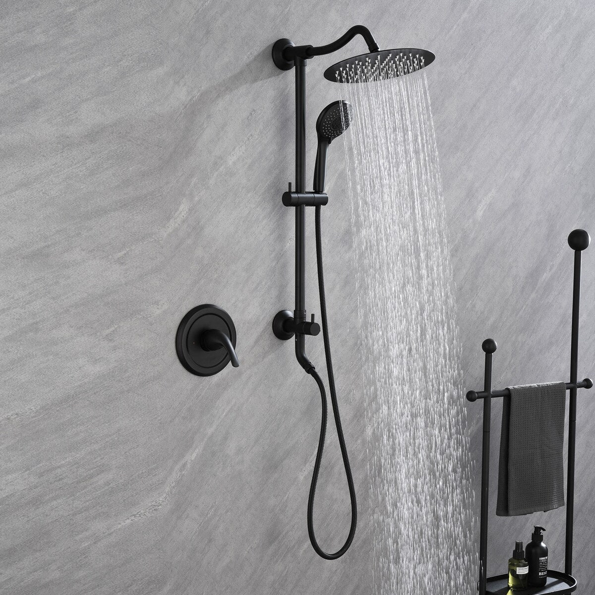 Wall Mount Shower Faucet with Hand Shower Brass Matte Black Complete Shower System with Slide Bar Valve Included