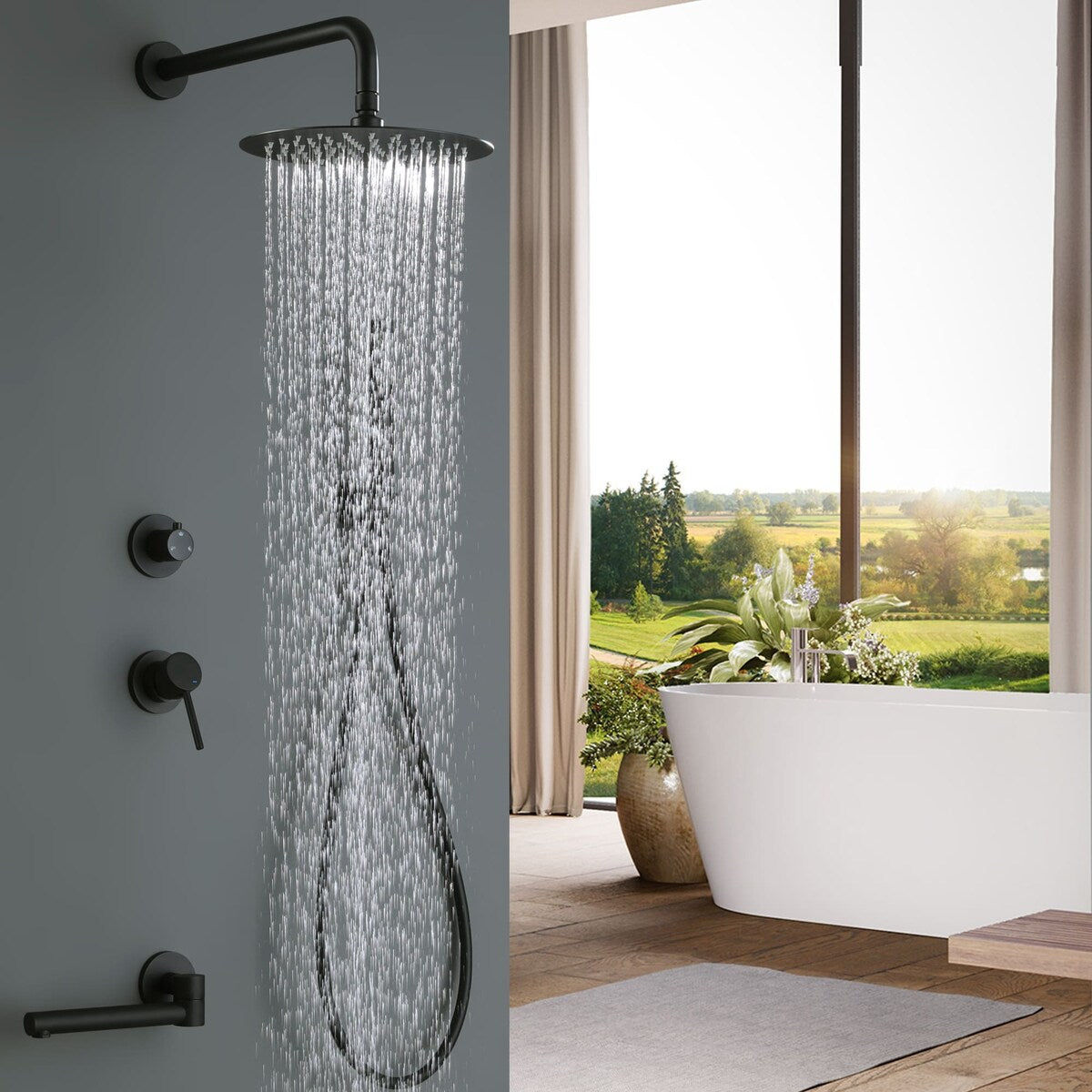 Wall Mount Tub and Shower Faucet With Hand Shower Black Shower System With Tub Spout 10 Inch Shower Head Set With Rough-in-Valve