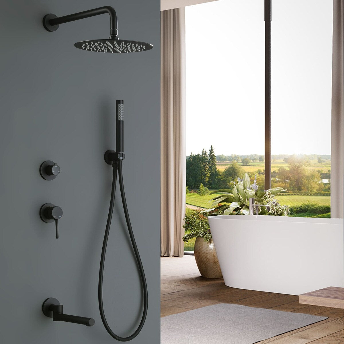 Wall Mount Tub and Shower Faucet With Hand Shower Black Shower System With Tub Spout 10 Inch Shower Head Set With Rough-in-Valve