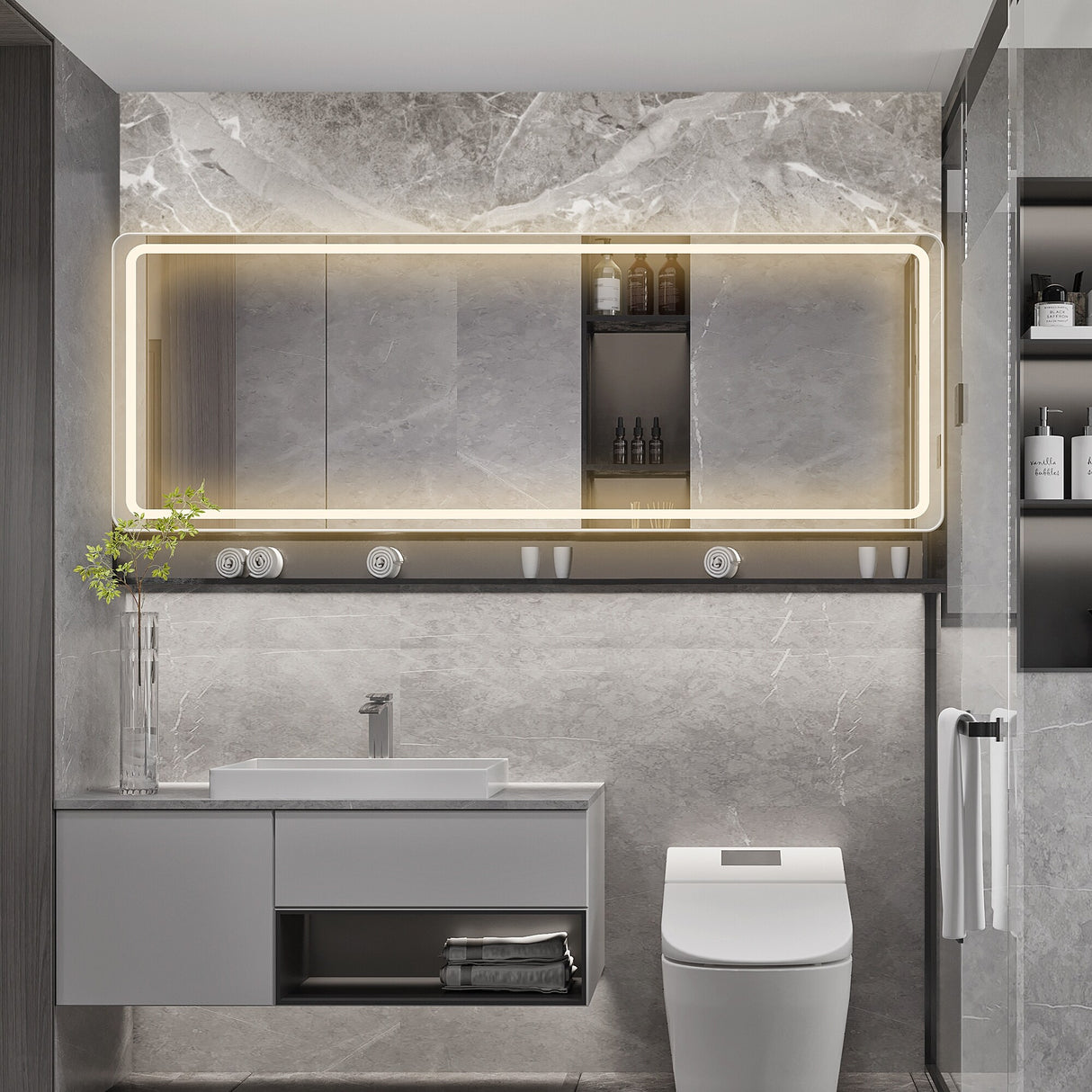 Wall Mounted Bathroom Framed LED Full Length Mirror With Dimmable Light Touch Sensor - 64*21