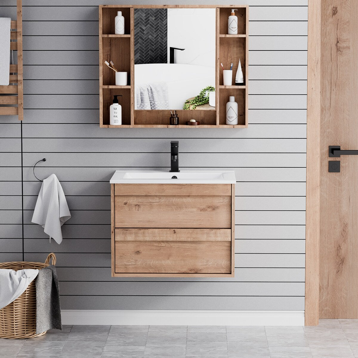 Wall Mounted Bathroom Vanity Sink Combo Cabinet Vanity Set Invisible Handles
