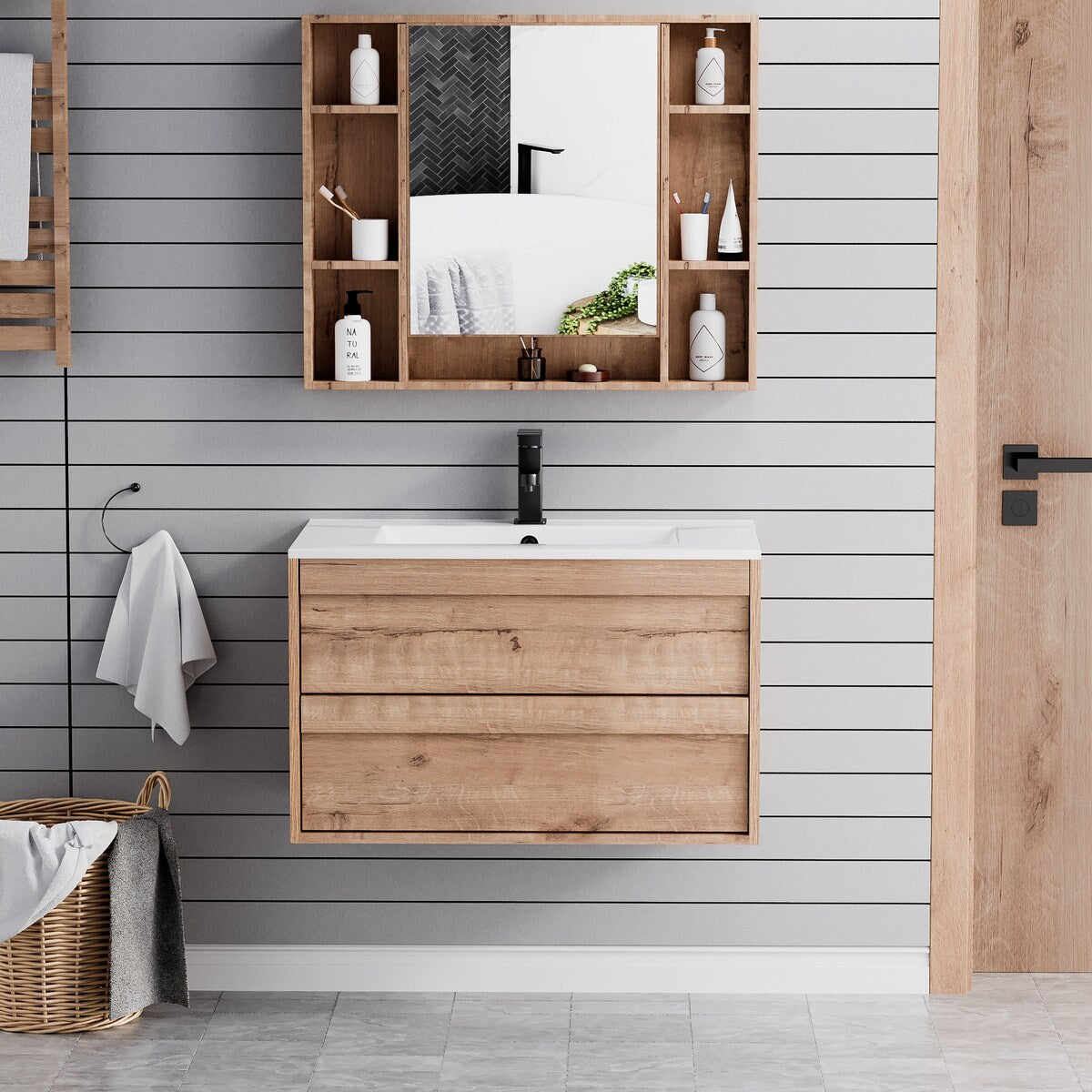 Wall Mounted Bathroom Vanity Sink Combo Cabinet Vanity Set Invisible Handles