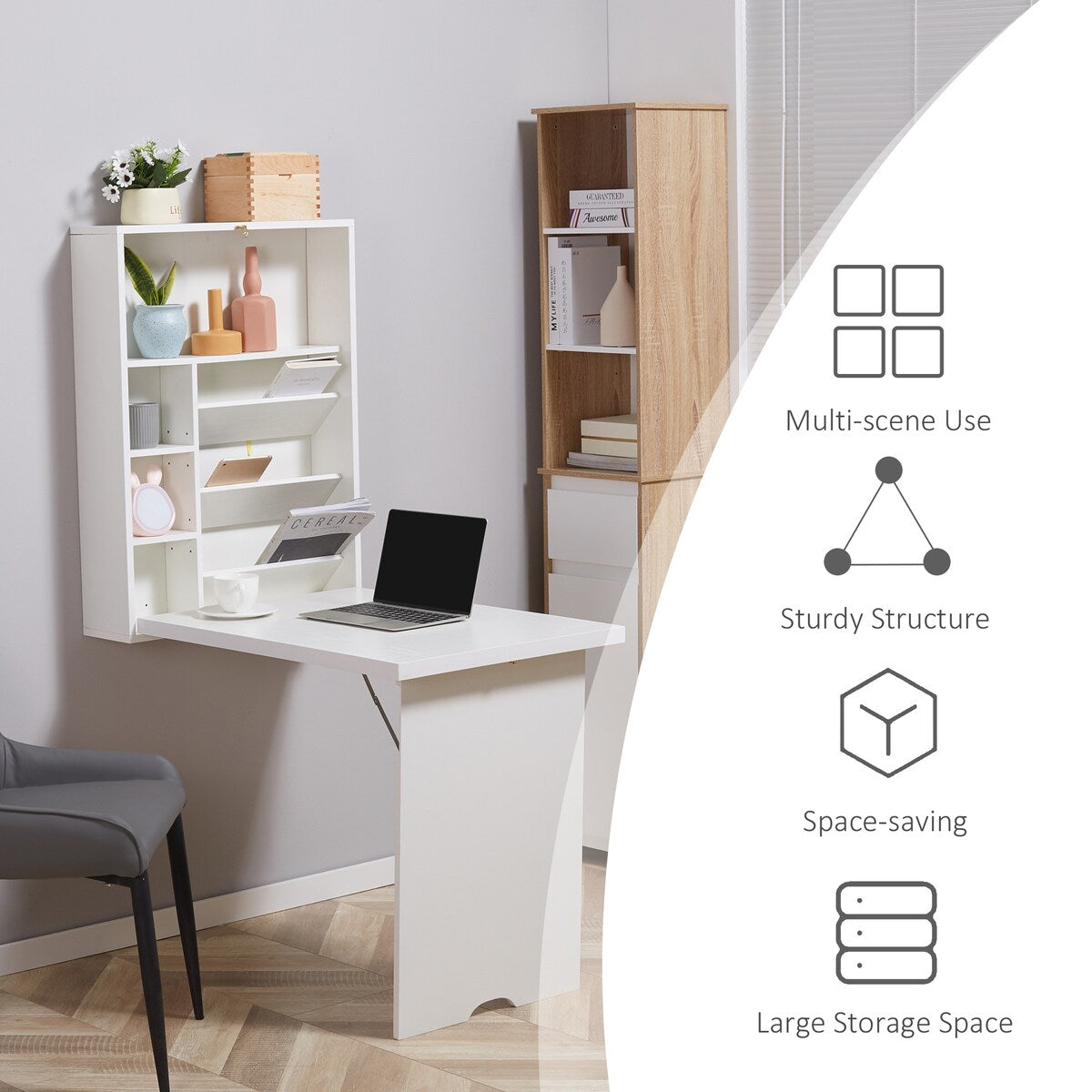 Wall Mounted Fold Out Convertible Desk Multi Function Floating Desk with Storage Shelf for Home Office White