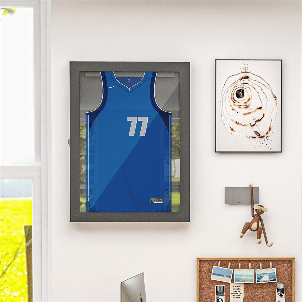 Wall-Mounted Jersey Display Case with Hanger and Wooden Frame