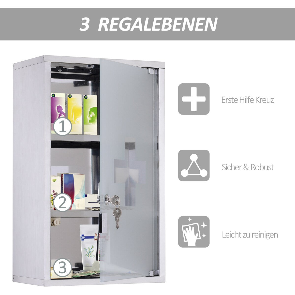 Wall Mounted Medicine Cabinet with Shelves and Lockable with 2 Keys