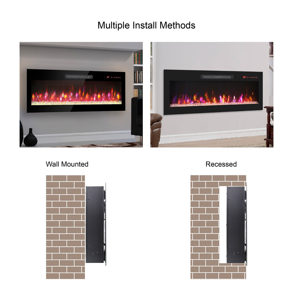 Wall Mounted Recessed Ultra-Thin Electric Fireplace w/Remote Control