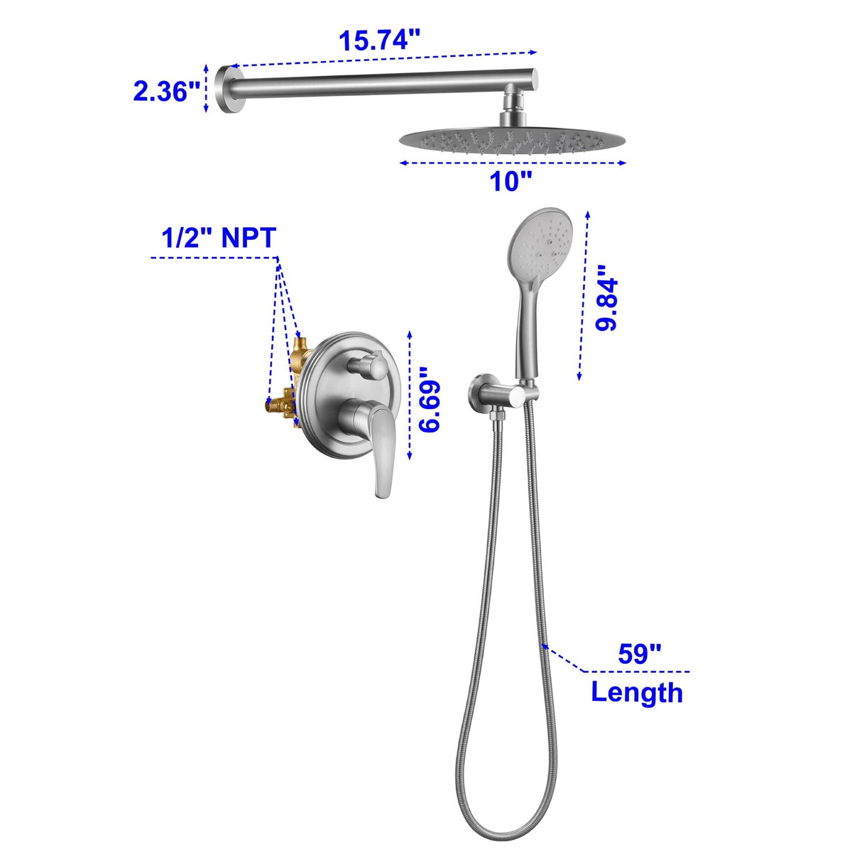 Wall Mounted Shower Faucet With 5-Mode Sprayer Hand Shower Rainfall Shower System Set With 10 Inch Rain Shower Head