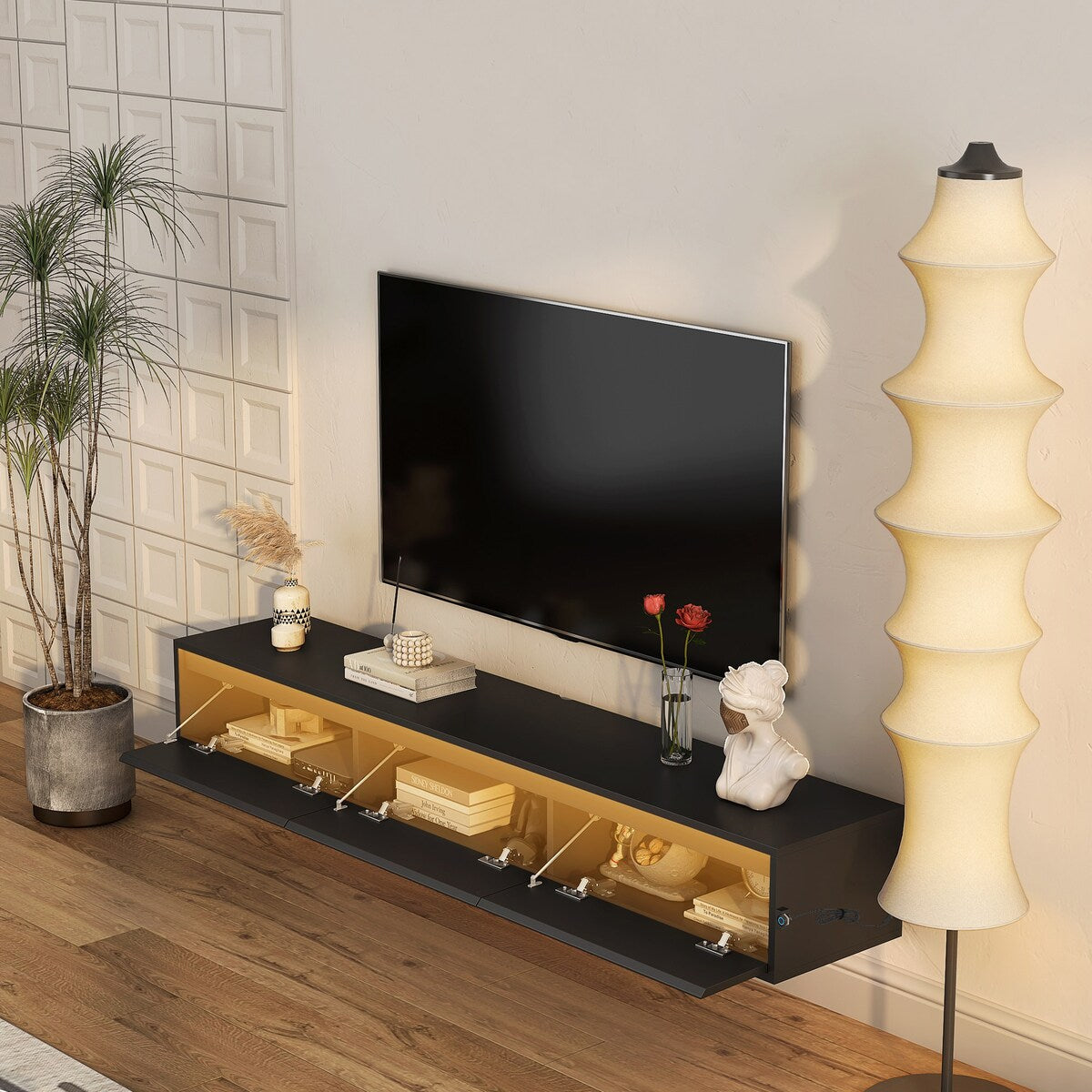 Wall Mounted TV Stand with Led Lights and Power Outlet
