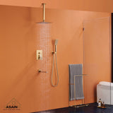 Wall-Mounted Tub Shower Faucets Set with Pre-embedded Valve, 12-inch Square Waterfall Shower Head System(Gold)