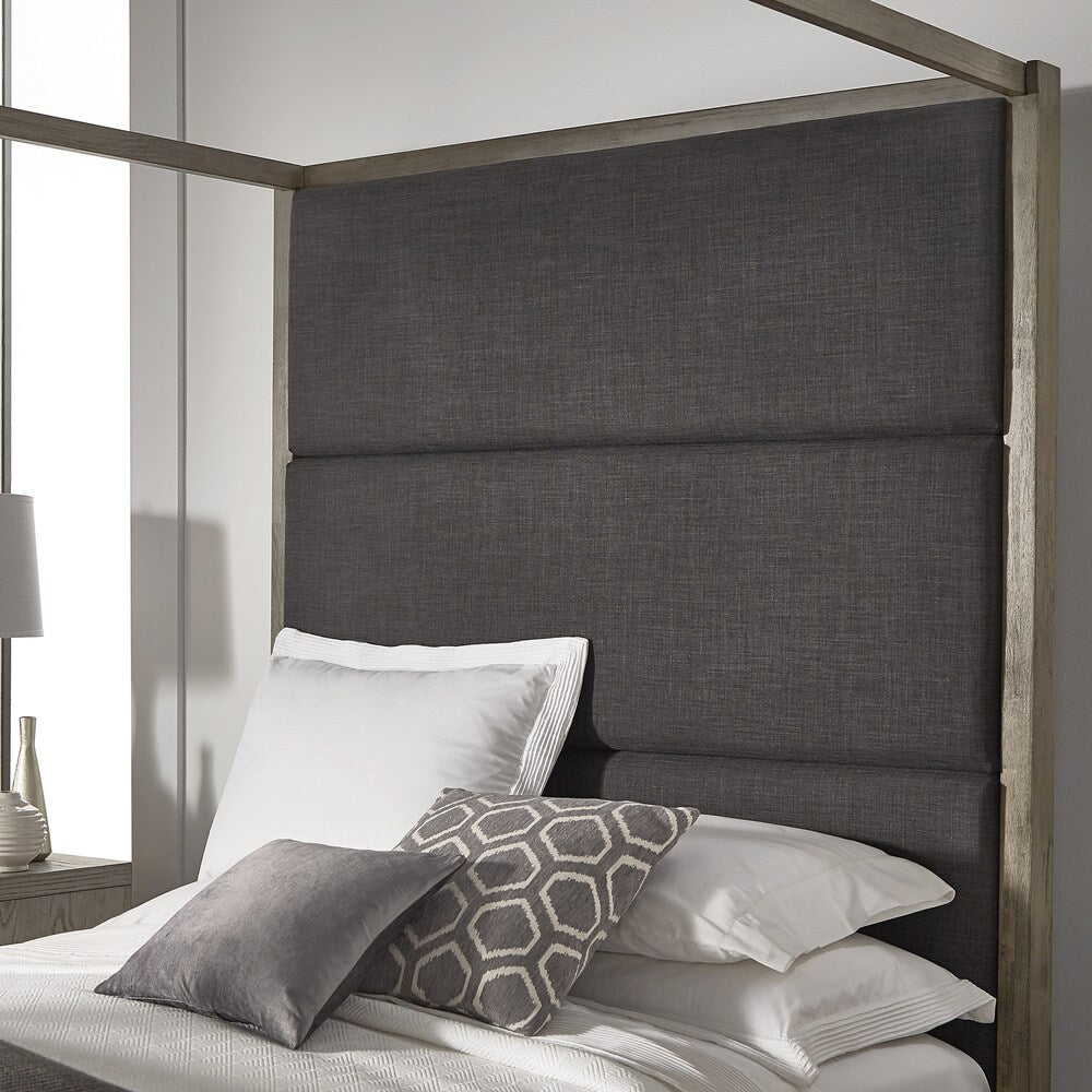 Copper Grove Kelcyre Antique Grey Oak Veneer Upholstered Canopy Bed