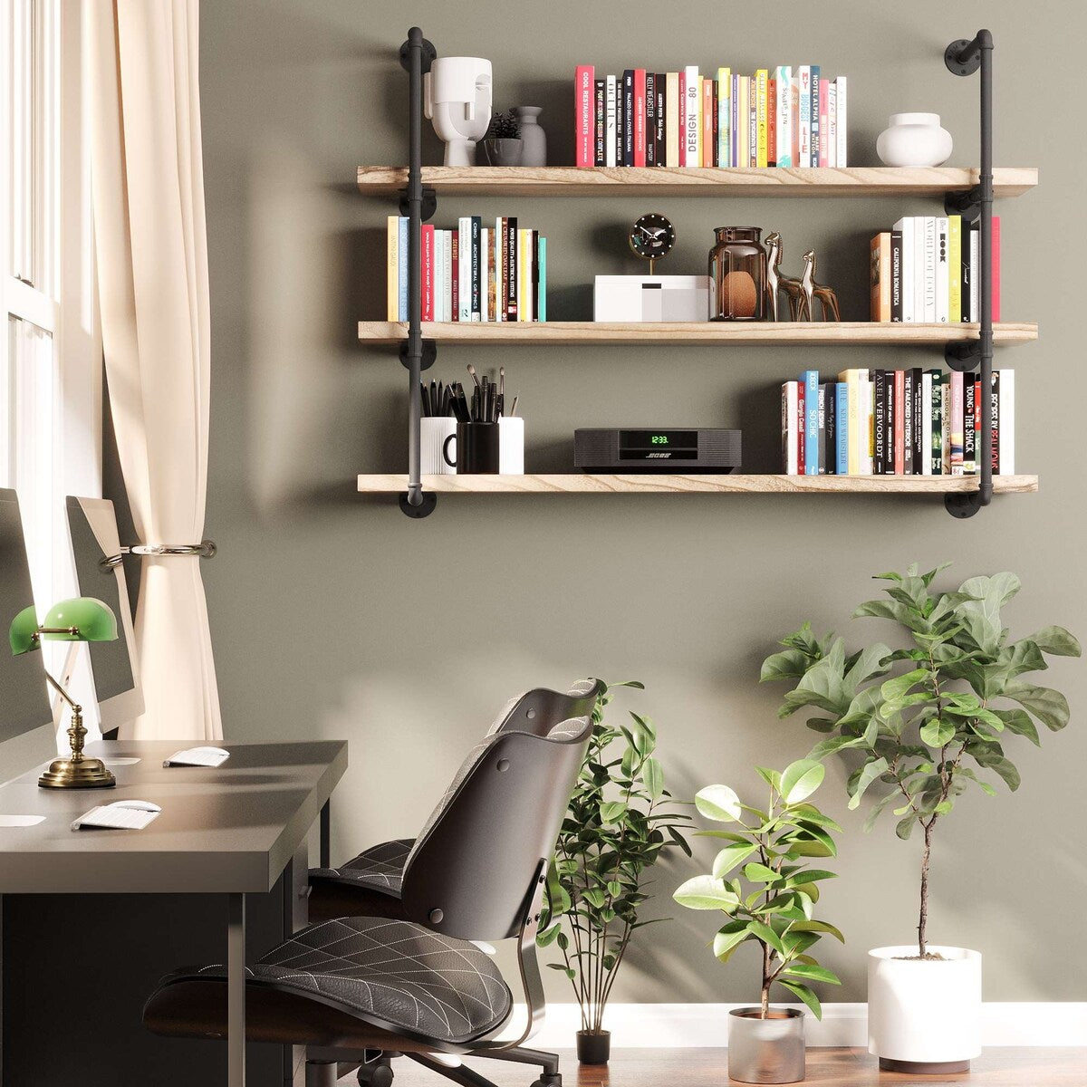 Wallniture 60"x 9.25" Industrial Bookshelf, Long Floating Shelves, Pipe Shelving, Wood Shelf for Wall, 3-Tier