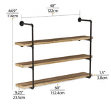 Wallniture 60"x 9.25" Industrial Bookshelf, Long Floating Shelves, Pipe Shelving, Wood Shelf for Wall, 3-Tier