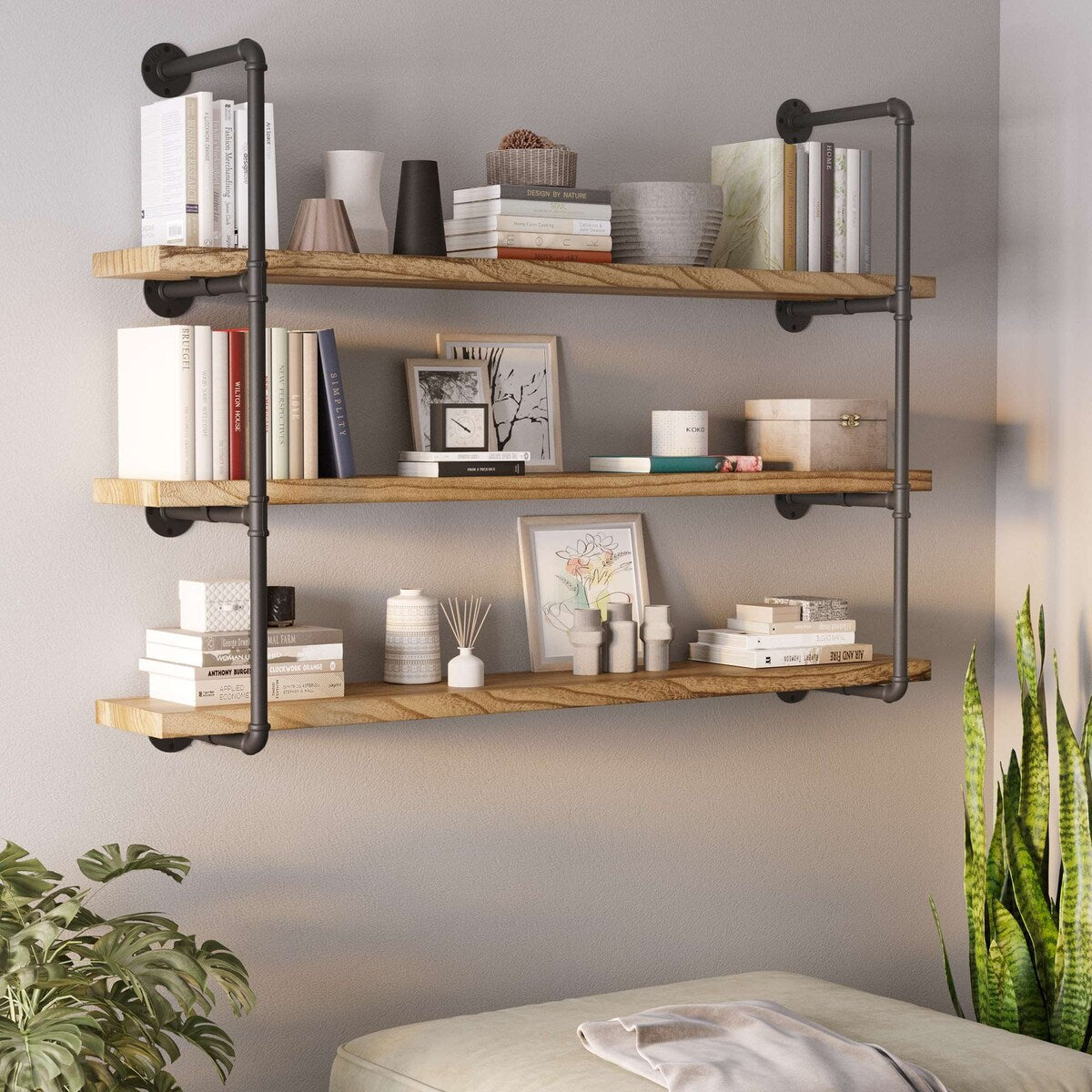 Wallniture 60"x 9.25" Industrial Bookshelf, Long Floating Shelves, Pipe Shelving, Wood Shelf for Wall, 3-Tier