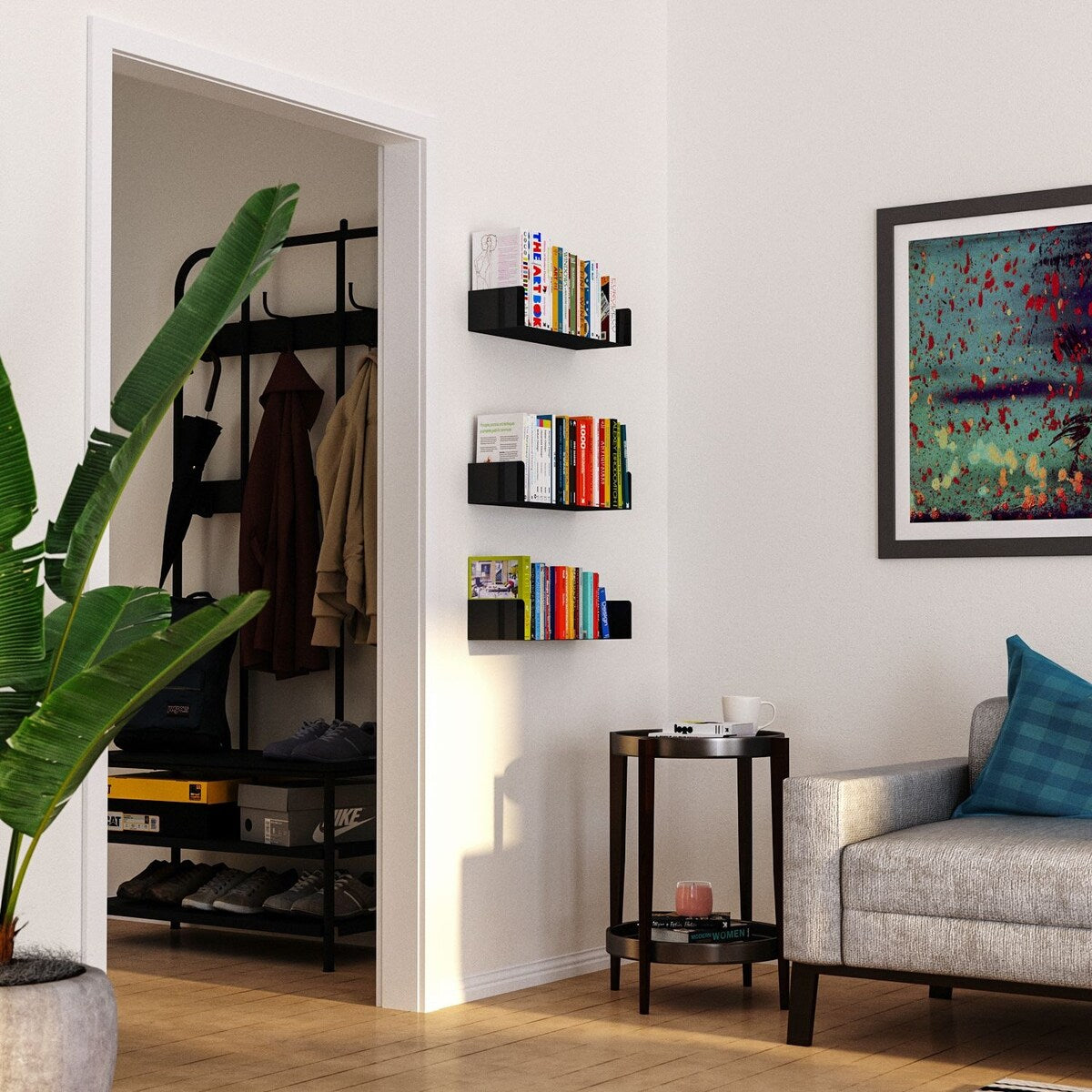 Wallniture Bali U Shaped Wall Shelf, Multimedia Rack, Black, Set of 3