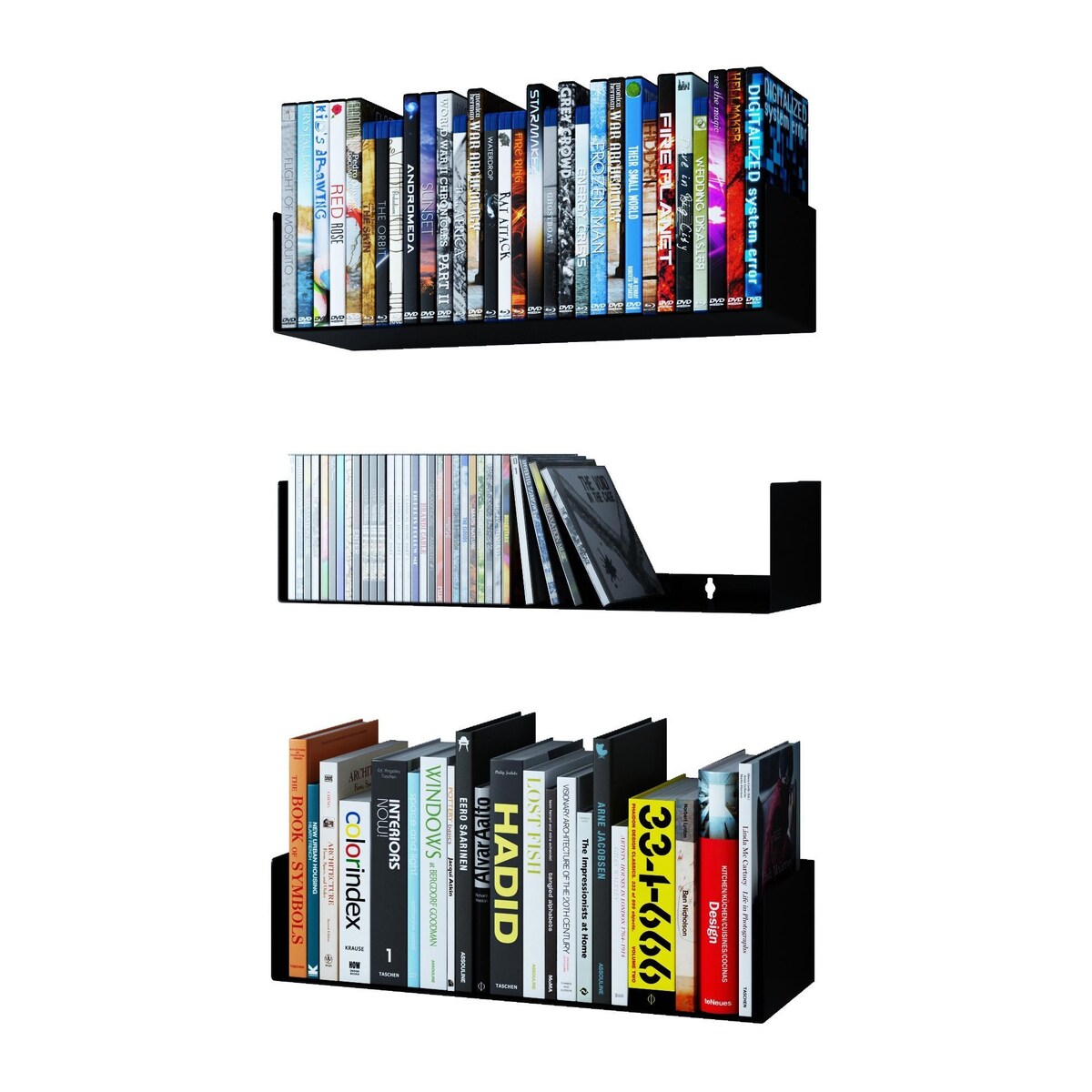 Wallniture Bali U Shaped Wall Shelf, Multimedia Rack, Black, Set of 3