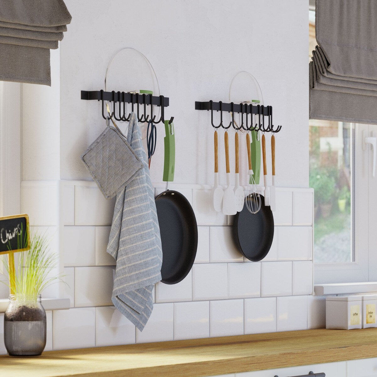 Wallniture Casto 17" Pot Rack with 10 Hooks, Steel Utensil Holder, Black