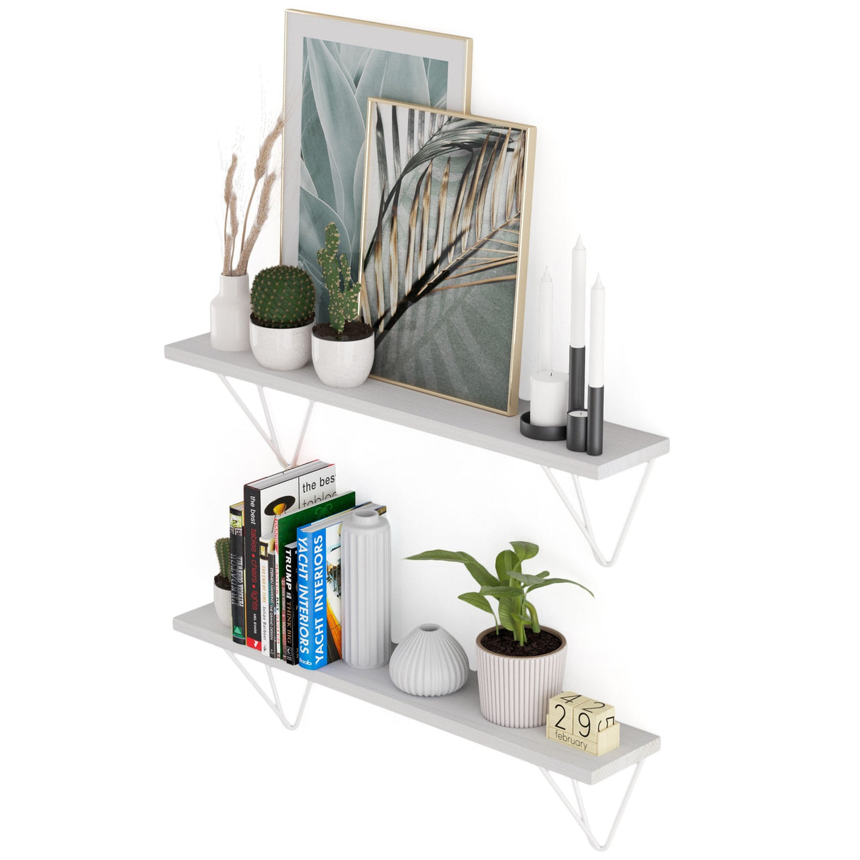 Wallniture Colmar 24" Living Room Wall Shelves with White Brackets, White, Set of 2
