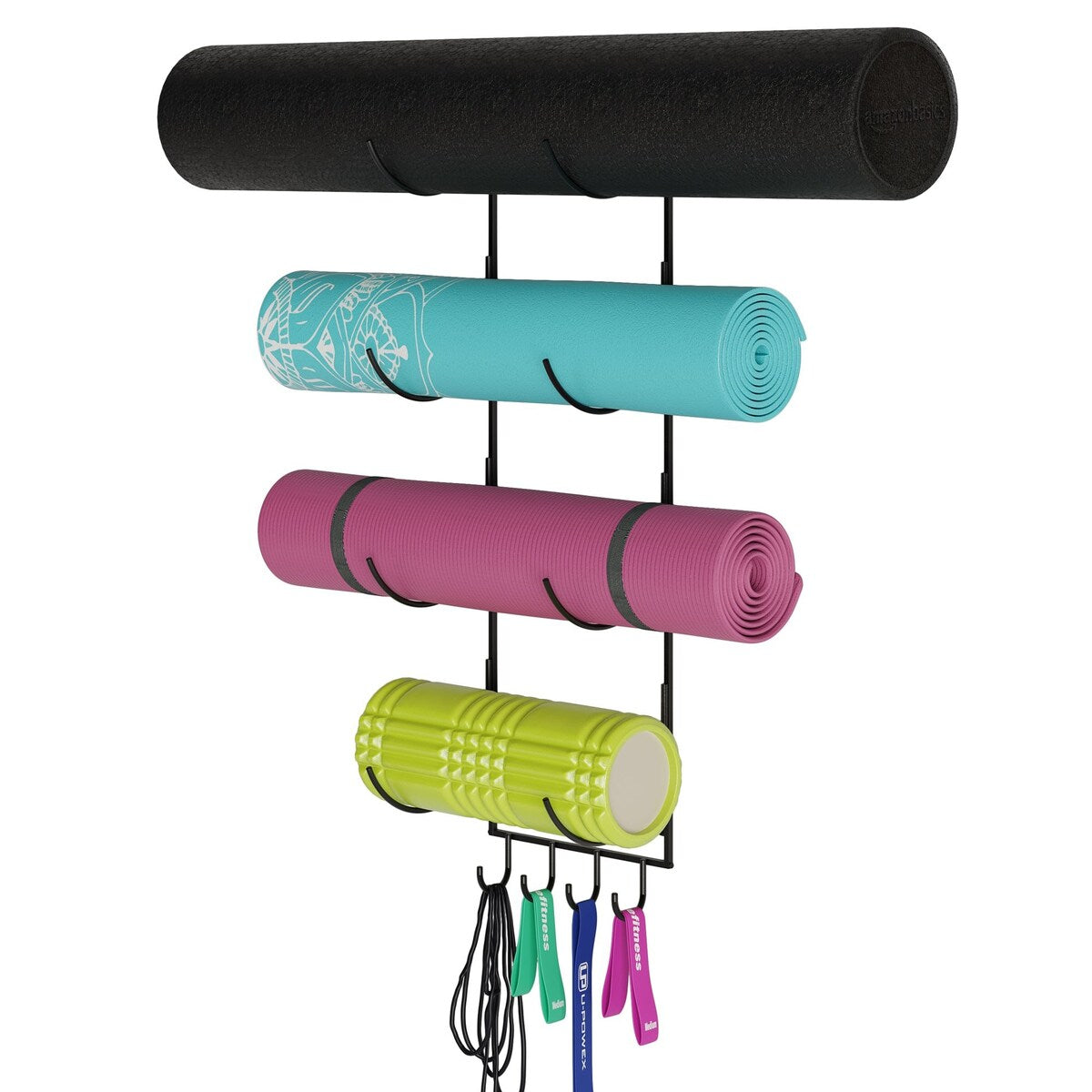 Wallniture Core 4 Sectional Yoga Mat Holder Wall Mount Foam Roller Storage Metal Sports Rack, Black