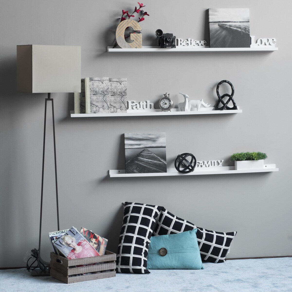 Wallniture Denver 46" Floating Shelves for Kids Room Decor, White Bookshelf (Set of 3)