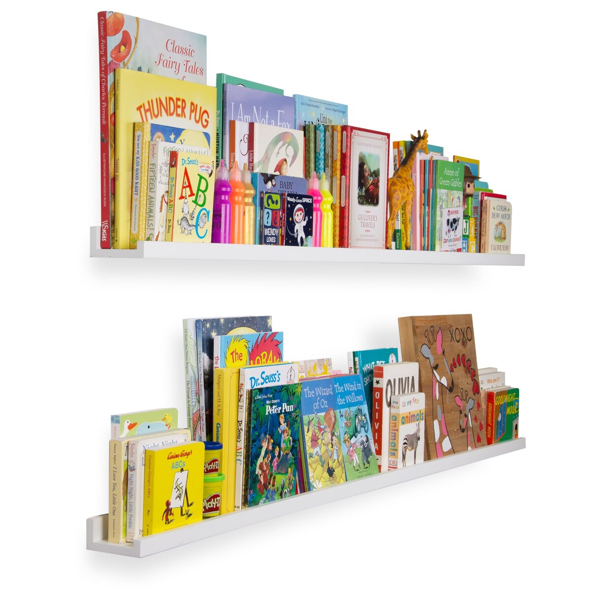 Wallniture Denver 60" Floating Shelves for Kids Room Decor, White Bookshelf (Set of 2)