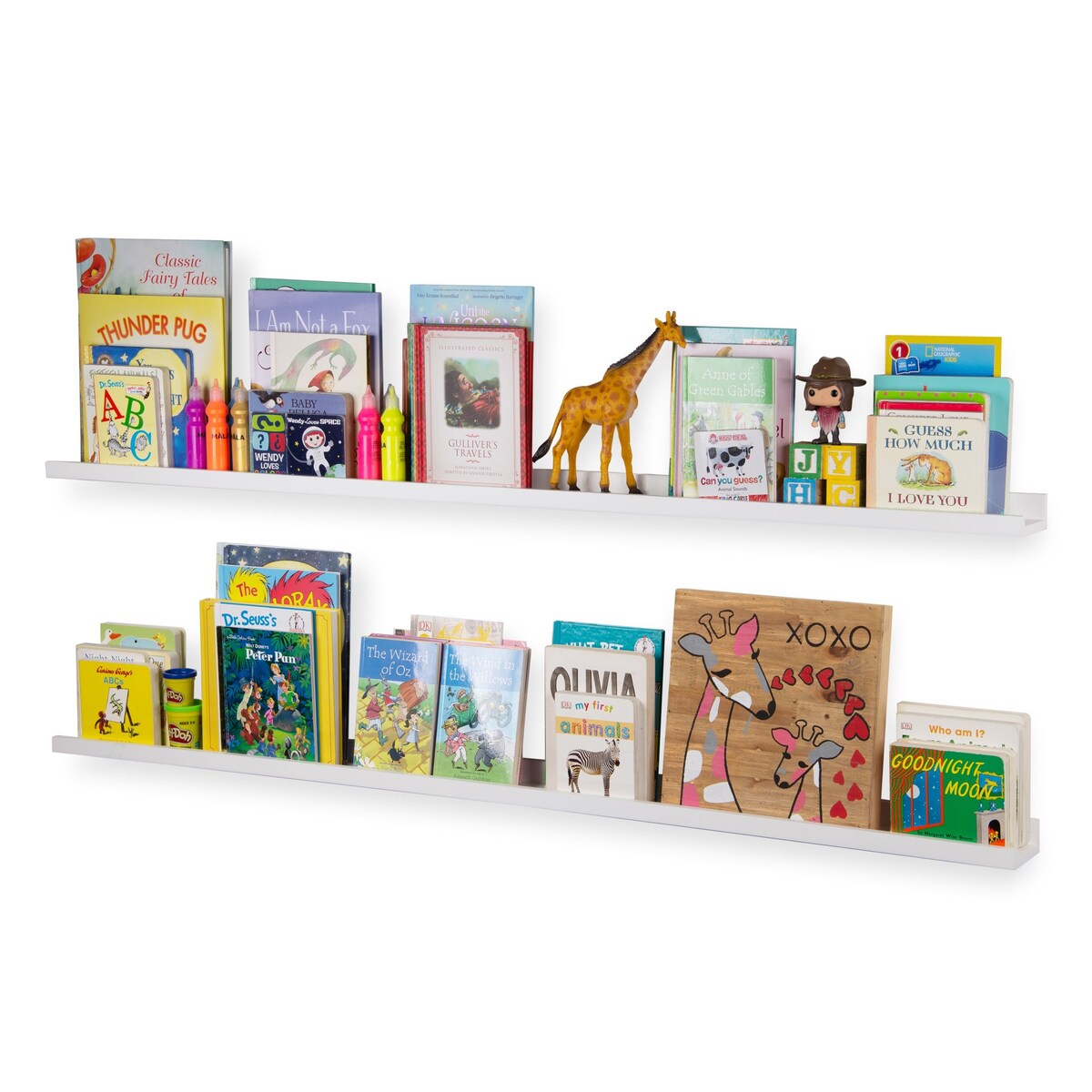Wallniture Denver 60" Floating Shelves for Kids Room Decor, White Bookshelf (Set of 2)