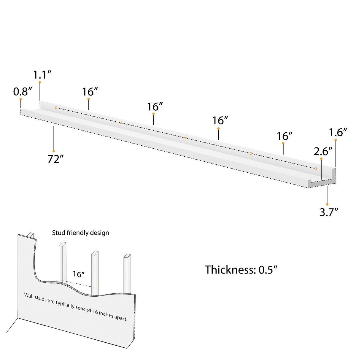 Wallniture Denver 72" Floating Shelves for Photo Display, Picture Ledge, White (Set of 2)