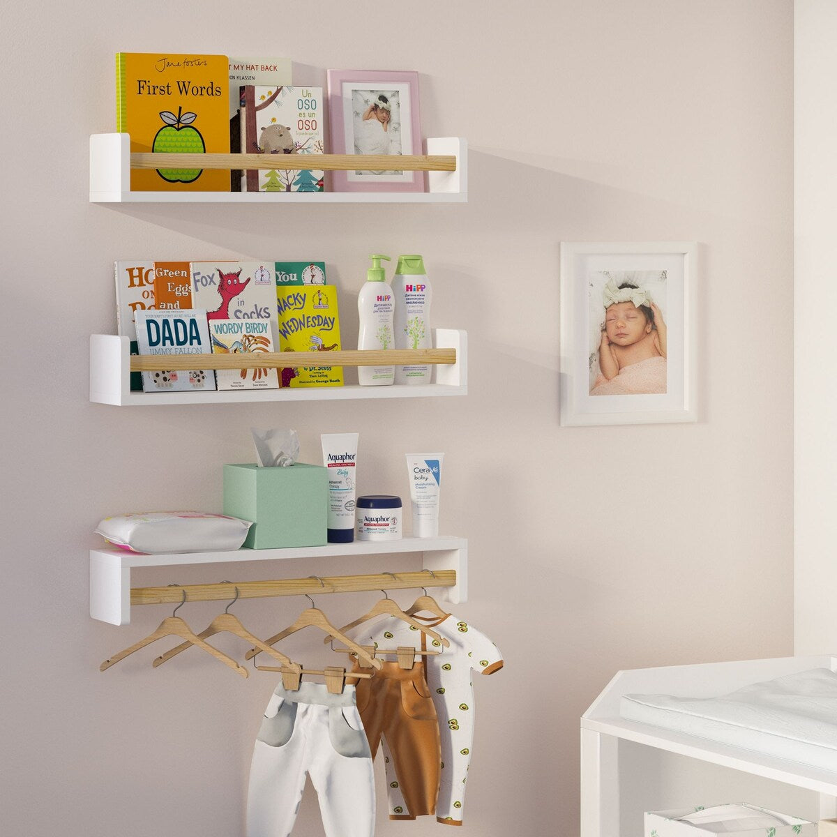 Wallniture Madrid Kidsroom Shelves, Nursery Decor Toy Storage, 24", White, Set of 3