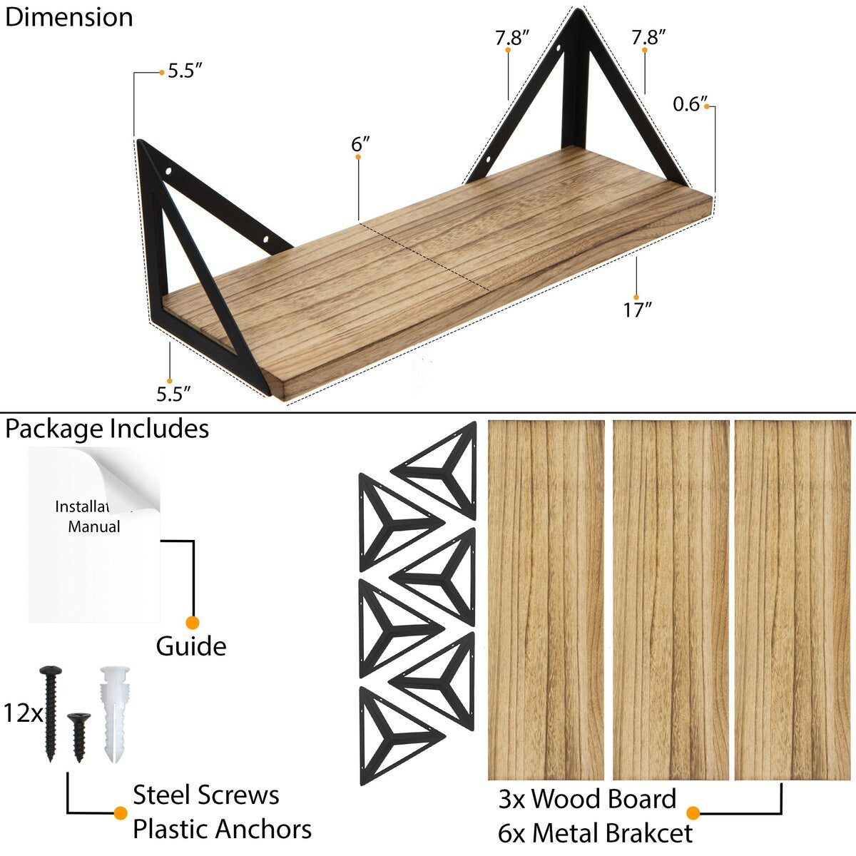 Wallniture Minori Natural Wood Floating Shelves for Wall (Set of 3)