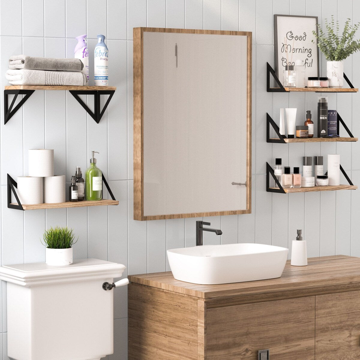 Wallniture Minori Wood Floating Shelves, Rustic Floating Bookshelf Set of 5