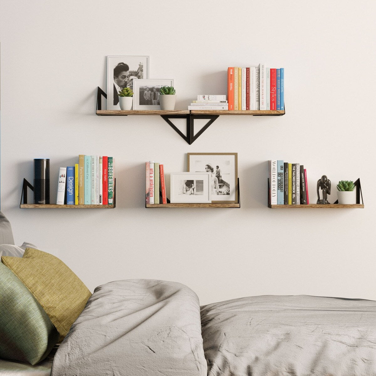 Wallniture Minori Wood Floating Shelves, Rustic Floating Bookshelf Set of 5